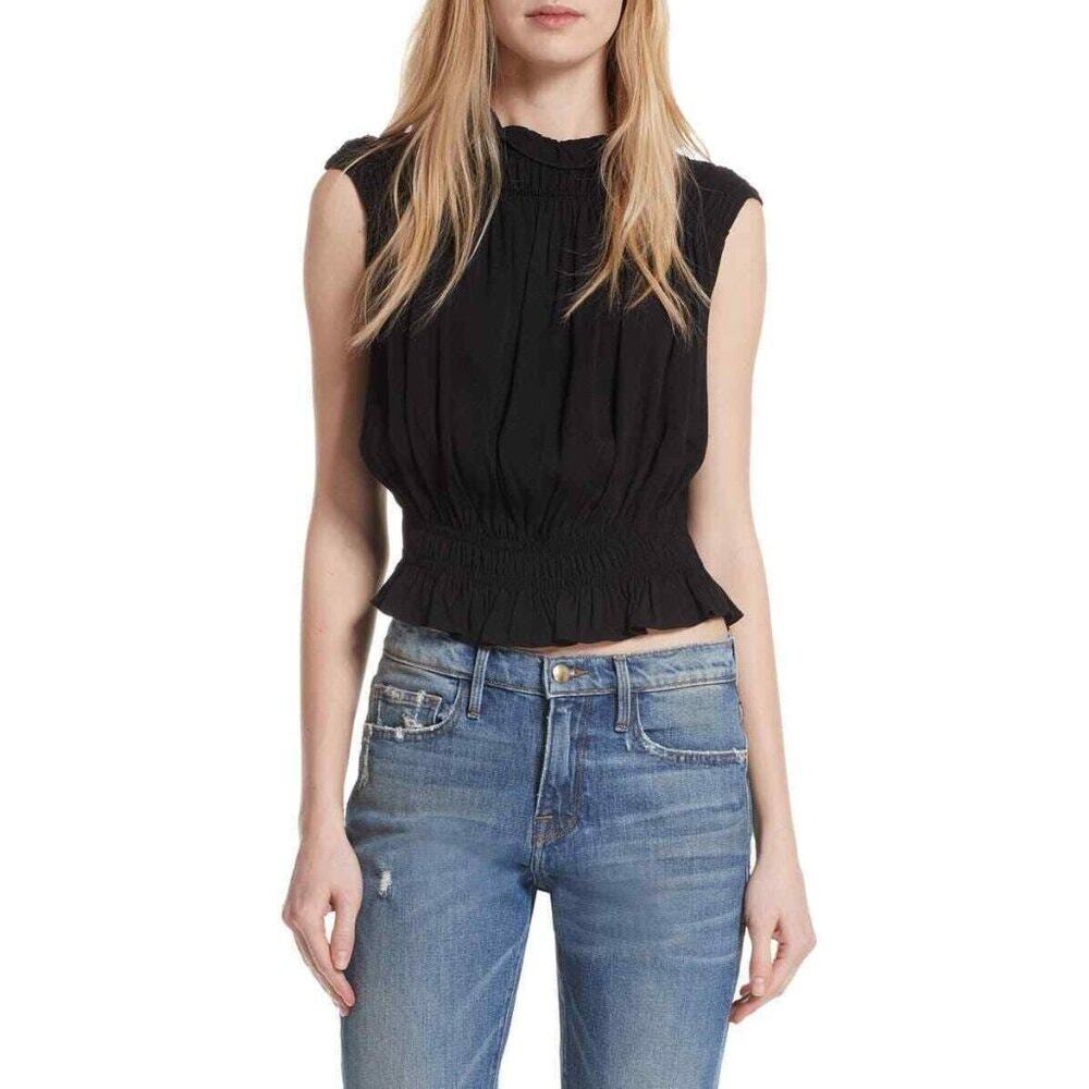 Frame Smocked Knit Mock Neck Sleeveless Ruffle Hem Blouse Tank Top Noir Black S
